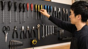 黒い有孔ボードに手工具を余白を持たせて並べ、日本人男性が工具を取る様子