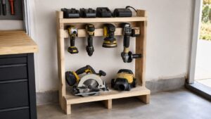 丸ノコやドリルなど重い電動工具を低い木製ラックに安全に収納した作業場