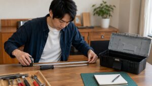 工具箱の内寸に合わせてドライバーの長さを測る日本人男性
