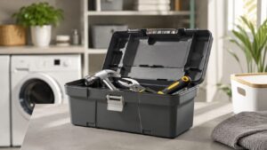 明るい室内で使う軽量なプラスチック製工具箱と家庭用工具