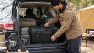 キャンプ場で車のトランクに大型工具箱を積み込む日本人男性