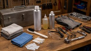 工具の手入れに必要なウエス、ブラシ、パーツクリーナー、防錆油、工具用オイルを作業台に並べた様子