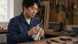 日本人男性が作業後のペンチをウエスで拭き取り、工具のサビ予防をしている様子