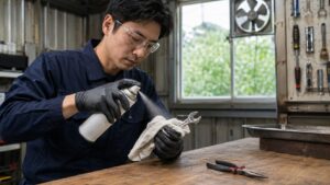 保護メガネと手袋を着用した日本人男性が、パーツクリーナーを布に吹き付けてレンチを清掃している様子