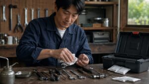 日本人男性が工具の金属部分を布で拭き上げ、長期保管前の防錆処理をしている様子
