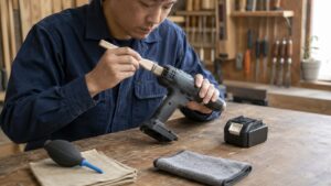 バッテリーを外した電動ドリルの通風口をブラシで掃除する日本人男性の作業風景