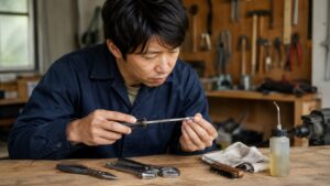 日本人男性がドライバーやレンチの先端を確認し、工具の摩耗やサビを点検している様子