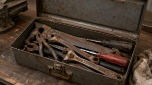 サビが広がったレンチやペンチが入った古い工具箱
