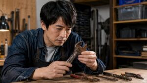 日本人作業者が錆びた工具の状態を確認している様子