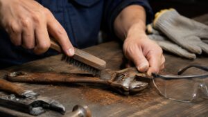 ワイヤーブラシで錆びたレンチを手作業でこすり落とす様子