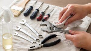 きれいにした工具へ防錆油を薄く塗って手入れする様子