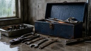 湿気の多い作業場で工具箱やレンチにサビが発生している様子