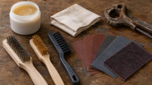 ワイヤーブラシやサンドペーパーなど工具の錆落とし用品一式