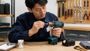 日本人作業者がバッテリーを外した電動ドリルのチャック周りを清掃する様子