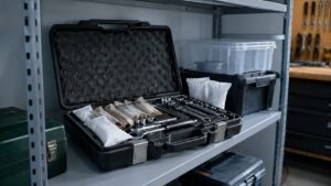 乾燥剤を入れた工具ケースを棚に保管してサビを防ぐ様子