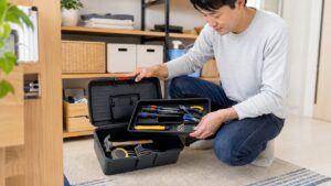 家庭用工具を中皿付きプラスチック工具箱に整理する日本人男性