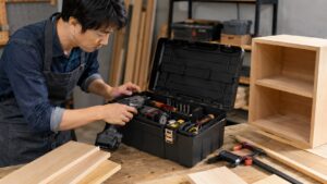 DIY作業台で中型工具箱に電動工具やビットを収納する日本人男性