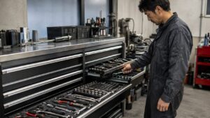 引き出し式チェストにレンチやソケットを整理する整備工場の作業風景