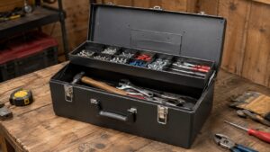 中皿付き工具箱にネジやドライバーを分けて収納したツールボックス