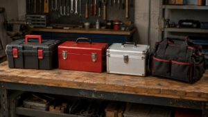 プラスチック・スチール・アルミ・布製工具バッグを並べた素材比較イメージ