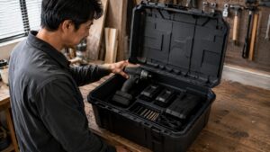 深型工具箱にインパクトドライバーやバッテリーを収納する作業場の様子