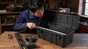 工具箱の内寸やハンドルを確認しながら購入前チェックをする日本人男性