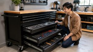大型工具箱の引き出しを確認する日本人男性と整理されたガレージ作業場