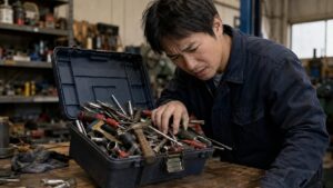 小型工具箱に工具が詰め込まれ探しにくくなった作業台の様子