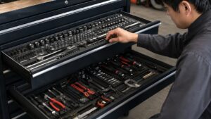 工具キャビネットの引き出しにソケットや工具を種類別に整理した収納例