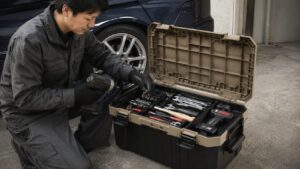 車のそばで大型ツールボックスに手工具と電動工具を収納する日本人男性