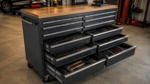 複数の引き出しに工具を収納できる大型工具キャビネットのガレージ設置例