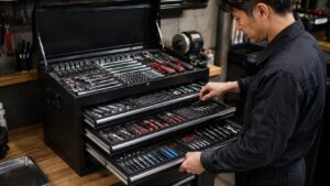 作業台上の工具チェストにソケットやレンチを細かく整理した収納例