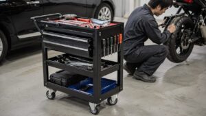バイク整備中にツールワゴンへ工具をまとめて置いたガレージ作業風景