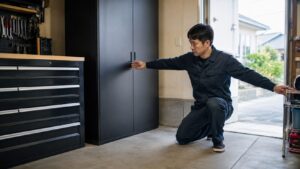 大型工具キャビネットを置く前にガレージの設置スペースを確認する日本人男性