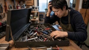 工具箱は、ただの収納ではなく作業場の雰囲気を作る道具でもあります。自分がその場所で