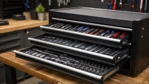 ドライバーやレンチ、ソケットを種類別に整理した引き出し式工具箱