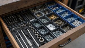 ソケットやビット、ネジ、ワッシャーを仕切りで分類した工具引き出し収納