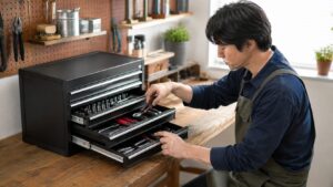 作業台の上に置いた卓上工具チェストで手工具を整理する日本人男性