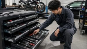 ガレージでローラーキャビネットの引き出しから工具を選ぶ日本人整備士