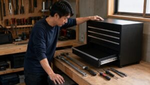 工具箱の設置場所と引き出しの開閉スペースを確認する日本人DIYユーザー