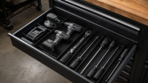 電動ドリルやサンダー、長尺工具を深型引き出しに整理した工具収納