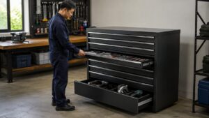 大型工具キャビネットの下段に重い工具を収納し安全に使う日本人作業者