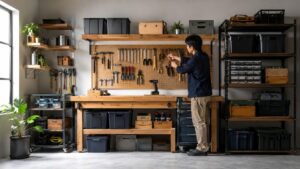 工具収納アイデアを取り入れた整理整頓されたガレージ作業場