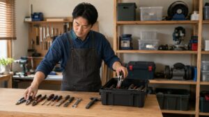 使用頻度に合わせて工具を整理する作業台と工具箱