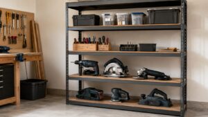 重い電動工具を下段に収納した安定感のある工具収納棚