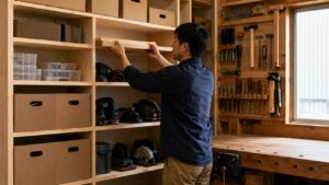 可動棚を調整して工具収納棚をDIYする日本人男性