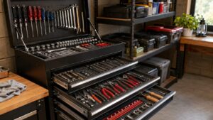 工具チェストの引き出しに種類別で整理されたレンチと工具