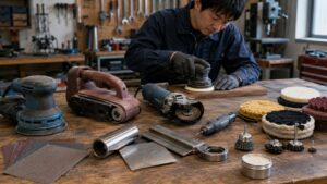 研磨工具や磨き用品を作業台に並べ、サンダーやグラインダーの使い分けを示す様子