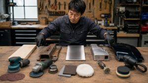 木材や金属など素材別に研磨工具を選ぶための作業台上の比較風景