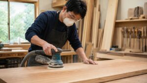 オービタルサンダーで木材の広い面を均一に研磨する日本人作業者